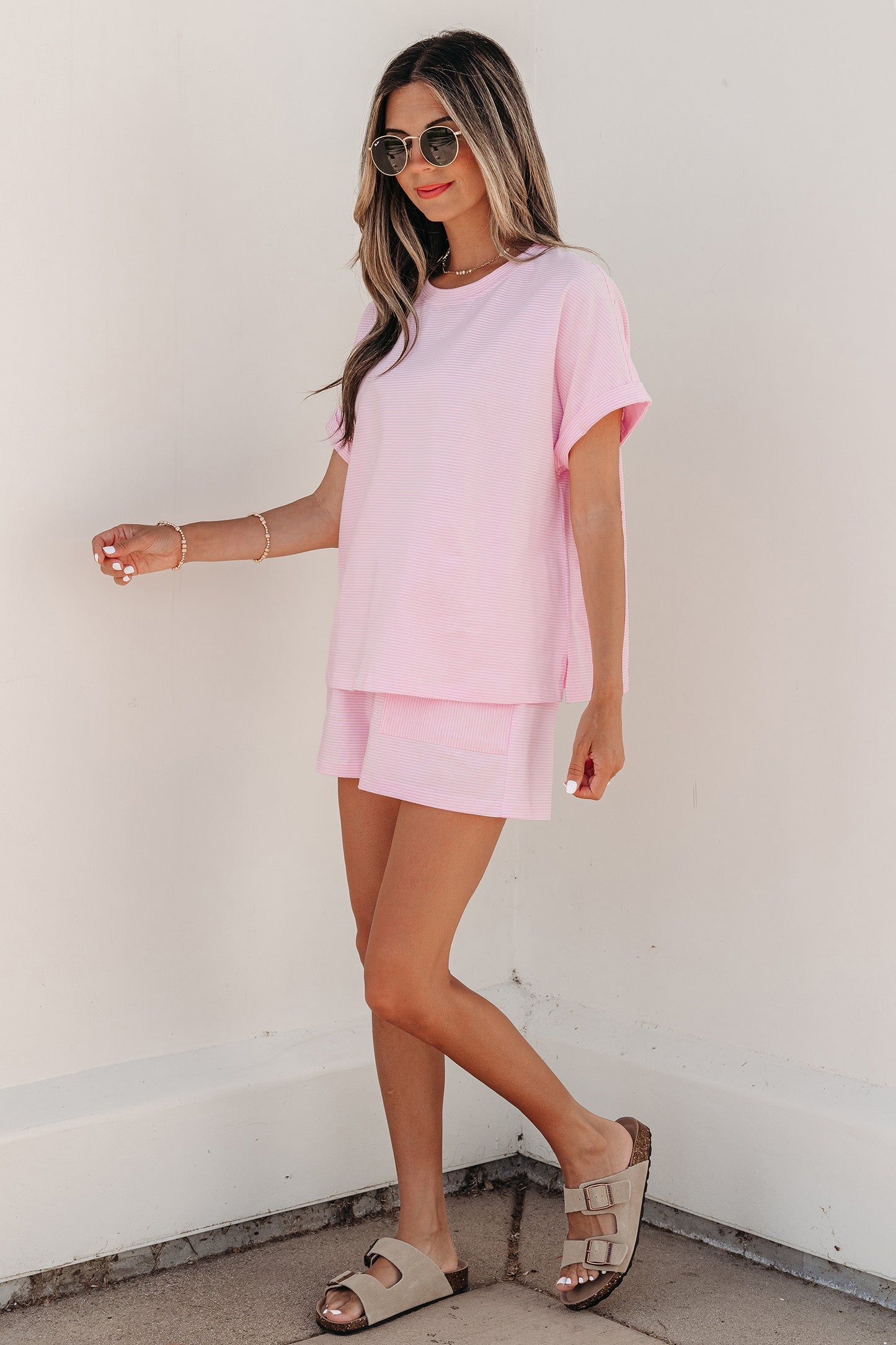 Pink Stripe Matching Oversized Tee and Drawstring Shorts Set-Two Piece Sets/Short Sets-[Adult]-[Female]-2022 Online Blue Zone Planet