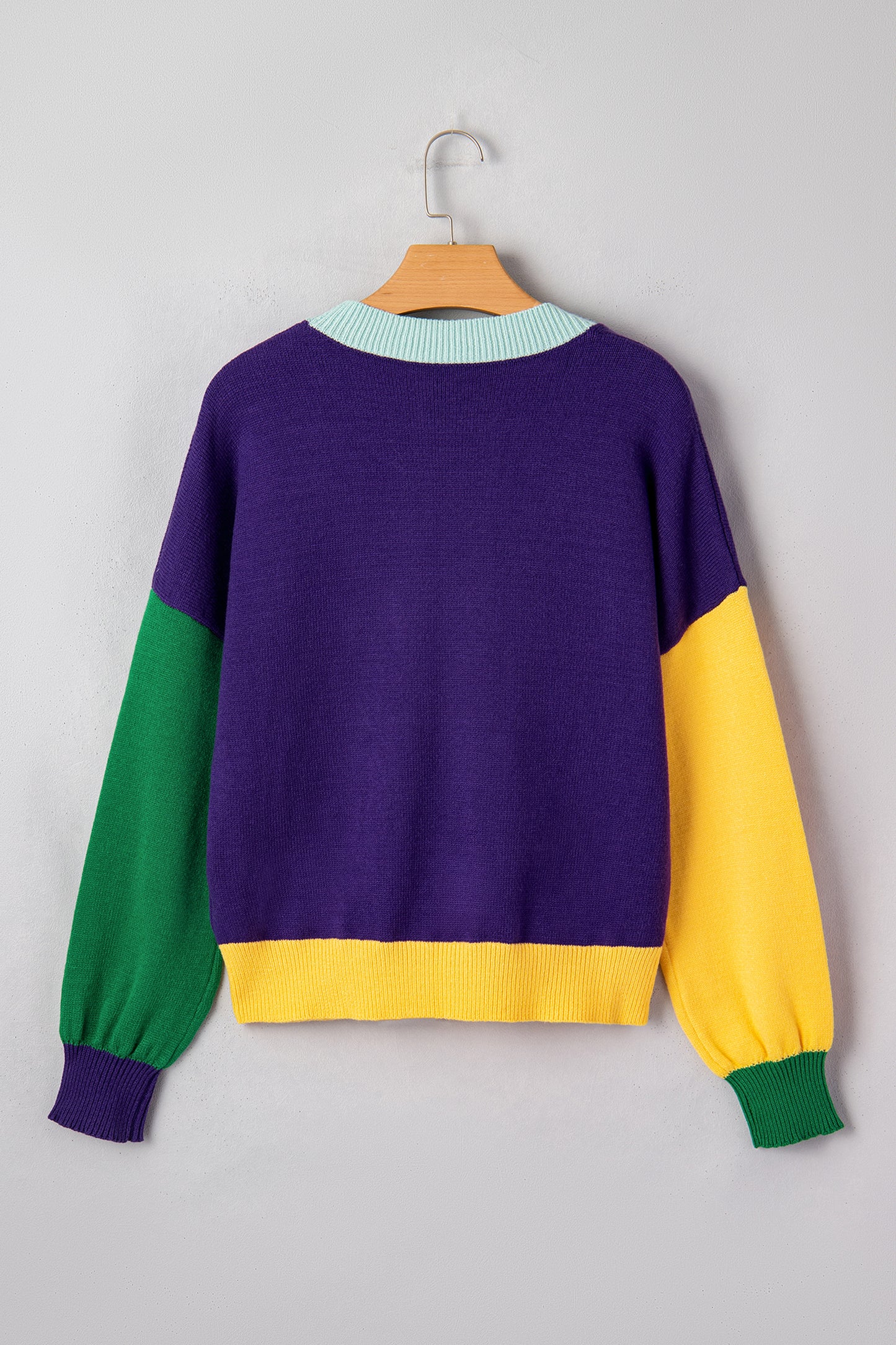 Tillandsia Purple Colorblock Patchwork Fuzzy Mardi Gras Graphic Sweater-TOPS / DRESSES-[Adult]-[Female]-2022 Online Blue Zone Planet