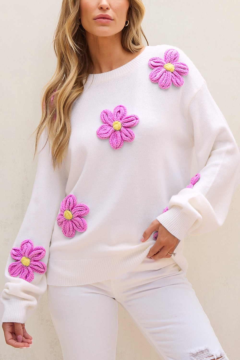 Crochet Flower Round Neck Long Sleeve Sweater-TOPS / DRESSES-[Adult]-[Female]-White-S-2022 Online Blue Zone Planet