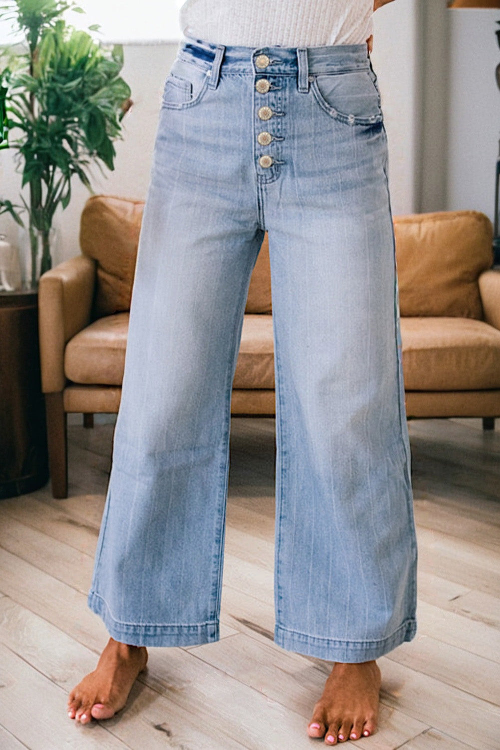 Beau Blue Multi Buttons Pinstripe Wide Leg Jeans-Bottoms/Jeans-[Adult]-[Female]-2022 Online Blue Zone Planet