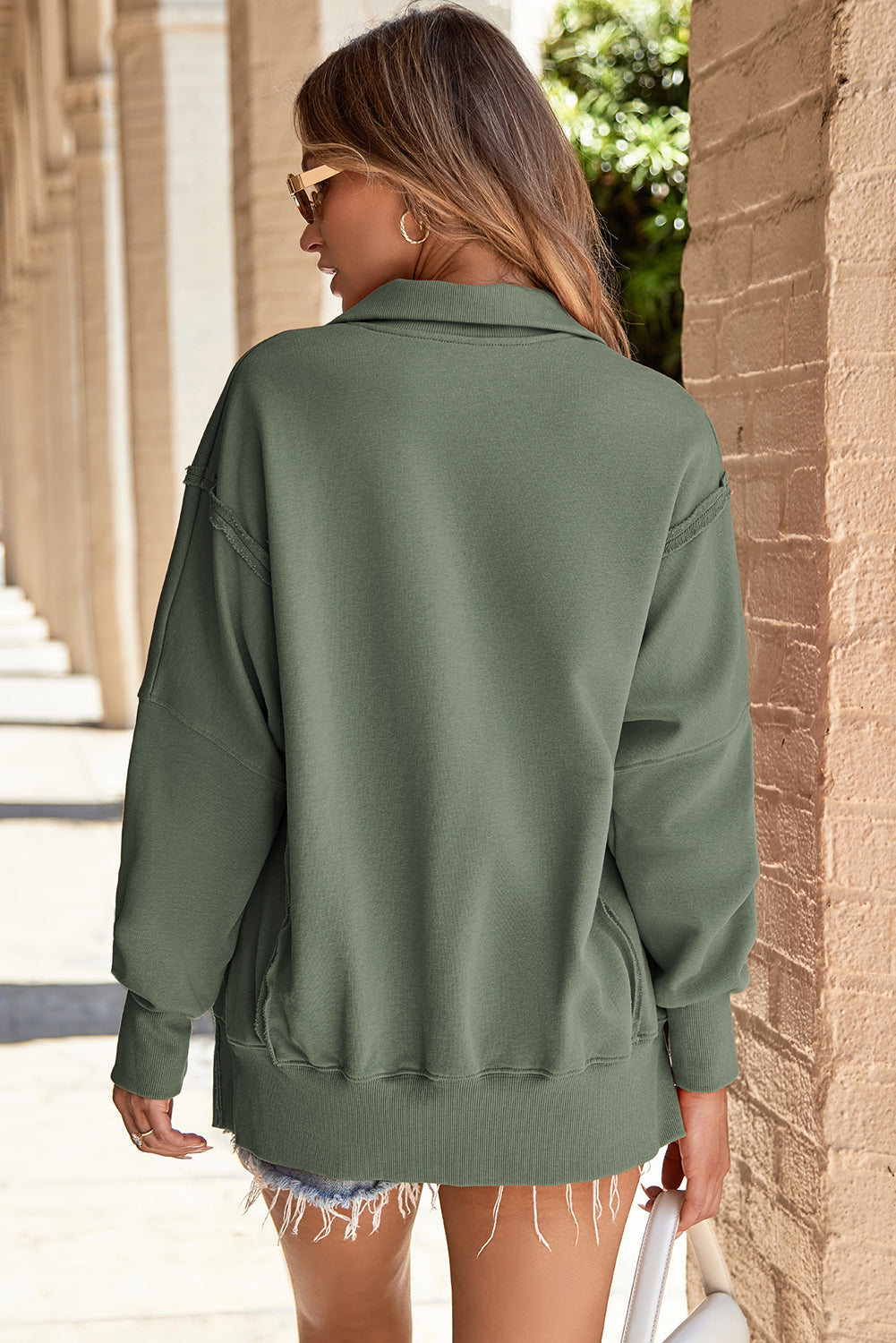 Light Blue Buttoned Collared Raw Detail High Low Baggy Sweatshirt With Slits-Tops/Sweatshirts & Hoodies-[Adult]-[Female]-2022 Online Blue Zone Planet