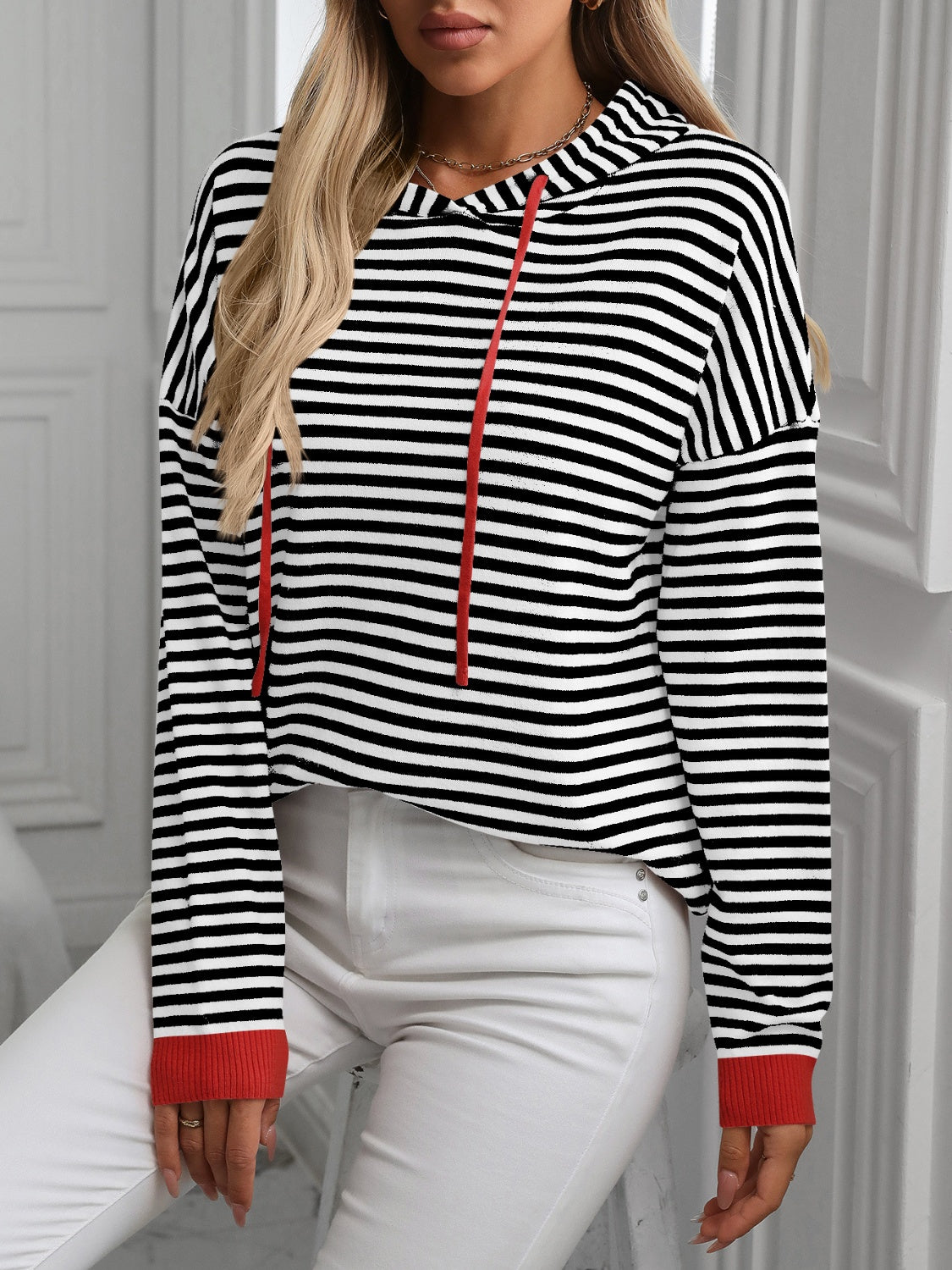 Blue Zone Planet | Mandy Striped Long Sleeve Hooded Knit Top-TOPS / DRESSES-[Adult]-[Female]-2022 Online Blue Zone Planet