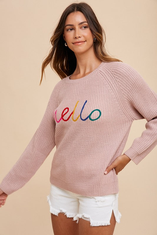 Annie Wear HELLO Embroidered Raglan Sleeve Sweater-TOPS / DRESSES-[Adult]-[Female]-2022 Online Blue Zone Planet