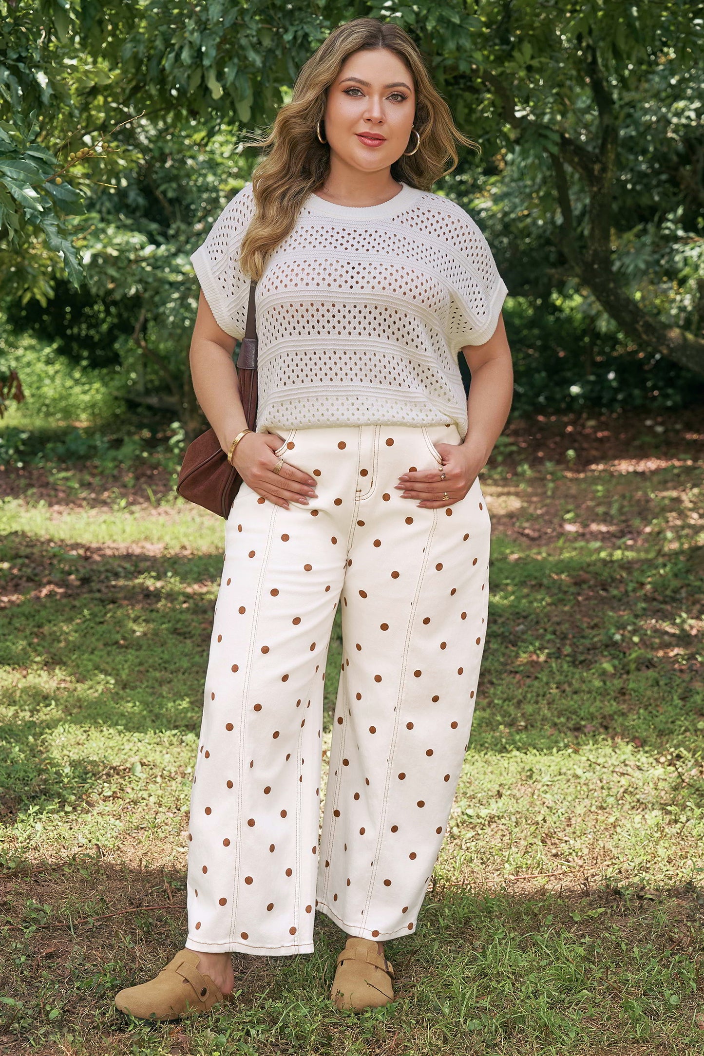 Beige Polka Dot Print Plus Size Barrel Jeans-Plus Size/Plus Size Bottoms-[Adult]-[Female]-2022 Online Blue Zone Planet