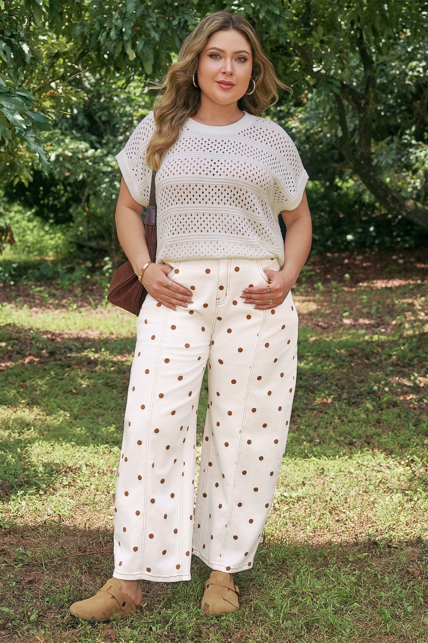 Beige Polka Dot Print Plus Size Barrel Jeans-Plus Size/Plus Size Bottoms-[Adult]-[Female]-2022 Online Blue Zone Planet