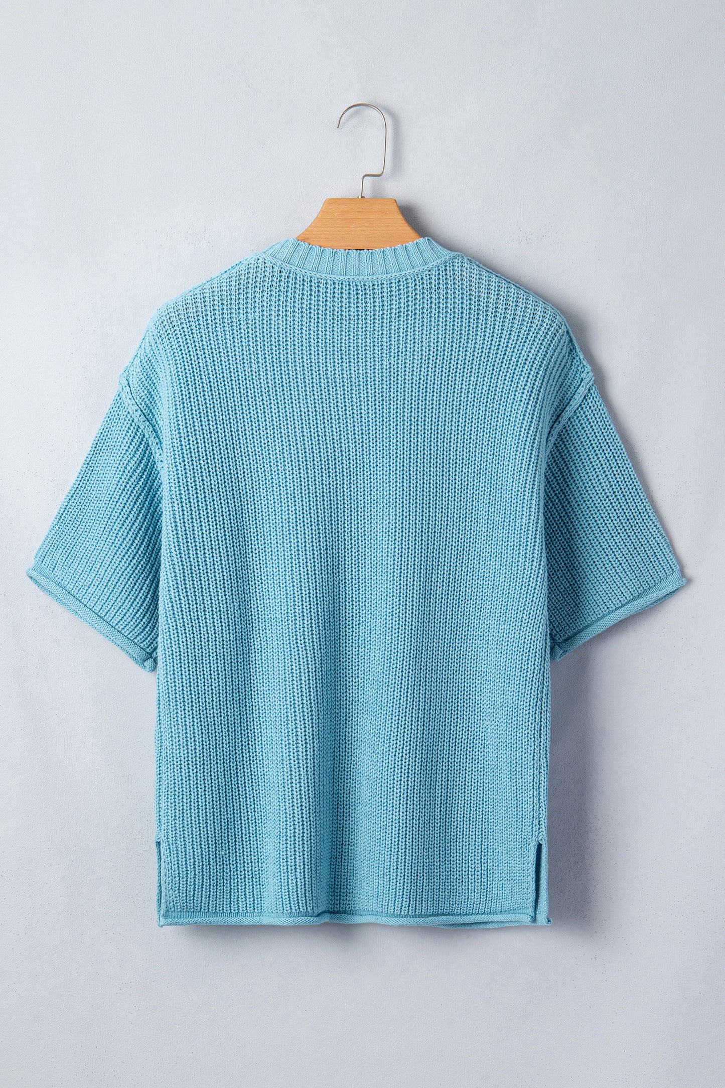 Mist Blue Exposed Seam Detail Half Sleeve Loose Sweater-Sweaters & Cardigans/Short Sleeve Sweaters-[Adult]-[Female]-2022 Online Blue Zone Planet