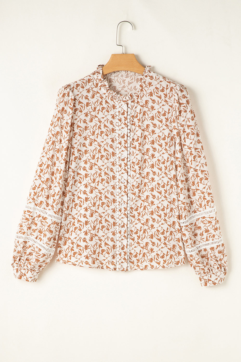 Khaki Printed Lace Detail Floral Puff Sleeve Fall Shirt-Tops/Blouses & Shirts-[Adult]-[Female]-2022 Online Blue Zone Planet