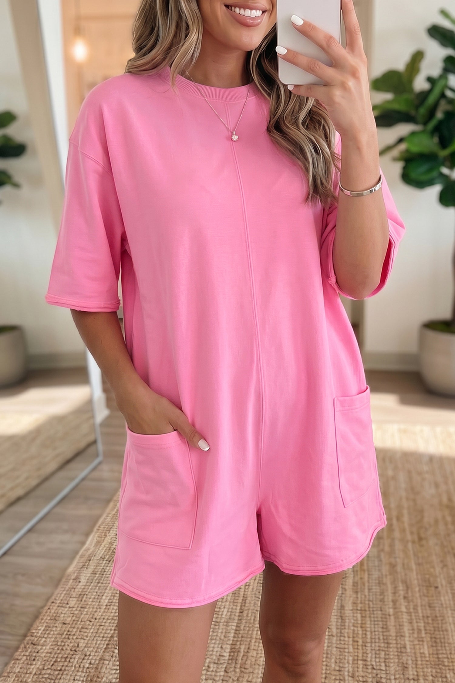 Pink Solid Color Raw Edge Half Sleeve Pocketed Loose Romper-Bottoms/Jumpsuits & Rompers-[Adult]-[Female]-2022 Online Blue Zone Planet