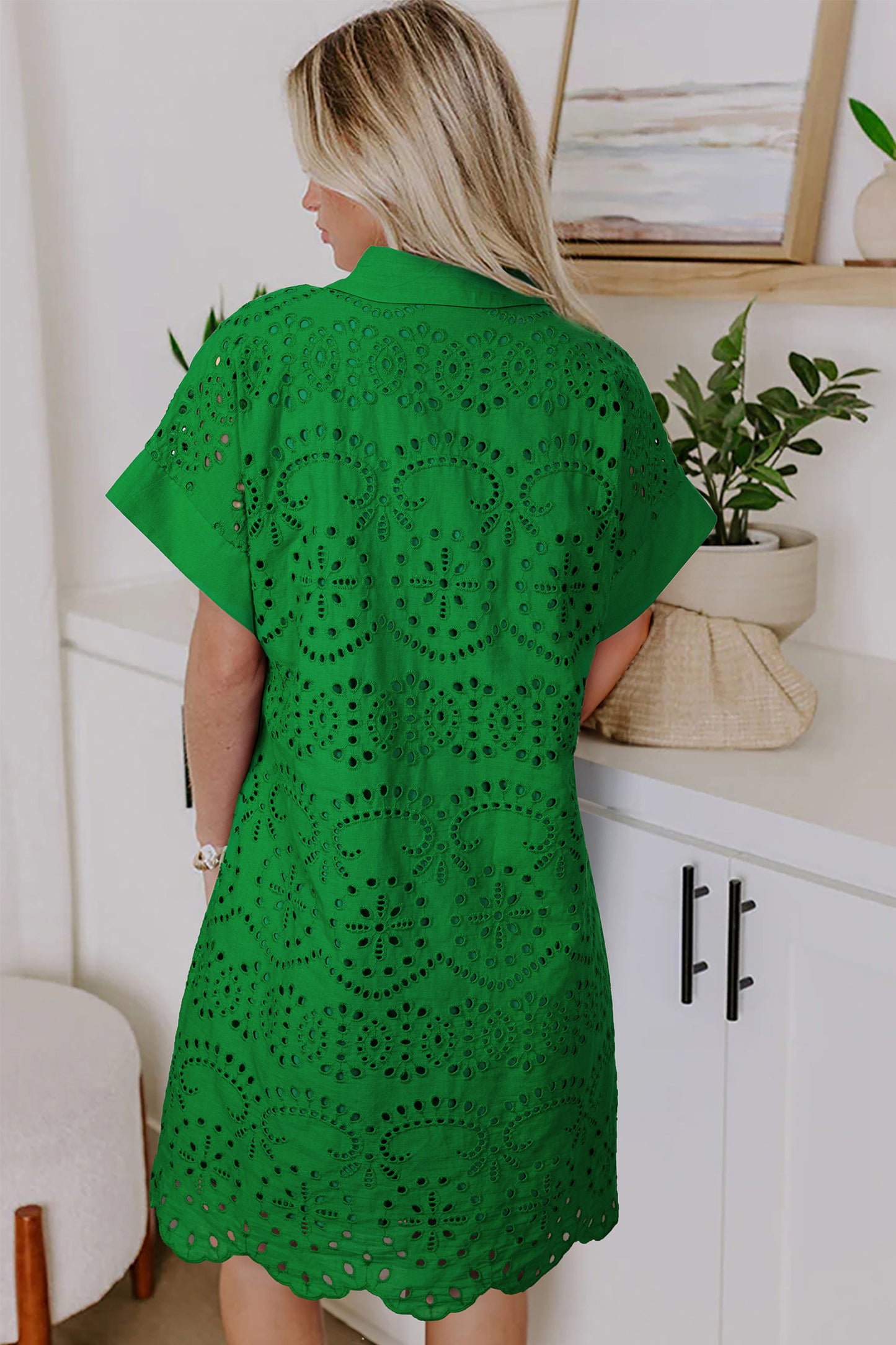 Green Solid Color Eyelet Embroidered T Shirt Mini Dress-Dresses/Mini Dresses-[Adult]-[Female]-2022 Online Blue Zone Planet