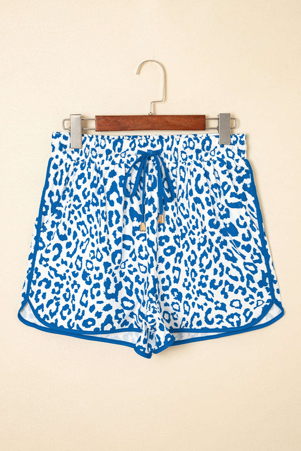 Blue Leopard Elastic Waist Lace Up Contrast Trim Casual Shorts-Bottoms/Casual Shorts-[Adult]-[Female]-2022 Online Blue Zone Planet