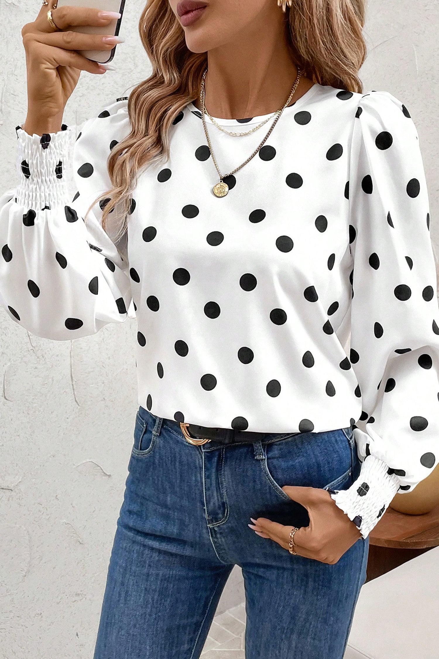 White Polka Dot Print Round Neck Frilled Long Sleeve Blouse-Tops/Blouses & Shirts-[Adult]-[Female]-White-S-2022 Online Blue Zone Planet
