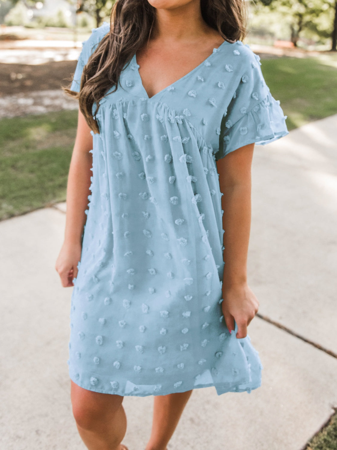 Swiss Dot V-Neck Short Sleeve Mini Dress-TOPS / DRESSES-[Adult]-[Female]-2022 Online Blue Zone Planet