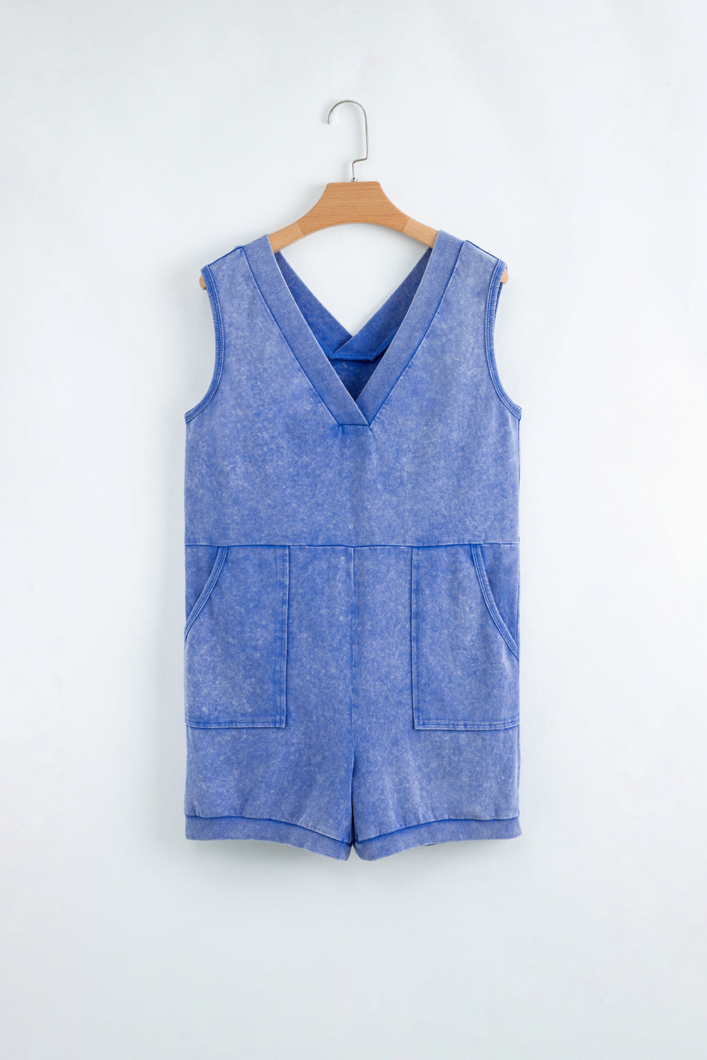 Sky Blue Mineral Wash Pocketed Sleeveless V Neck Loose Romper-Bottoms/Jumpsuits & Rompers-[Adult]-[Female]-2022 Online Blue Zone Planet