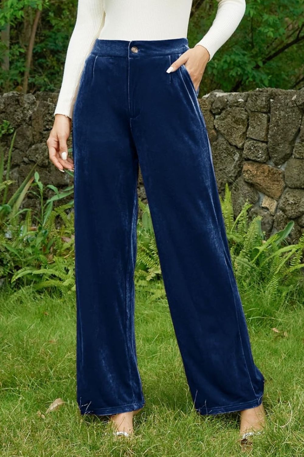 Velvet Wide Leg Pants with Pockets-BOTTOMS SIZES SMALL MEDIUM LARGE-[Adult]-[Female]-Navy-S-2022 Online Blue Zone Planet