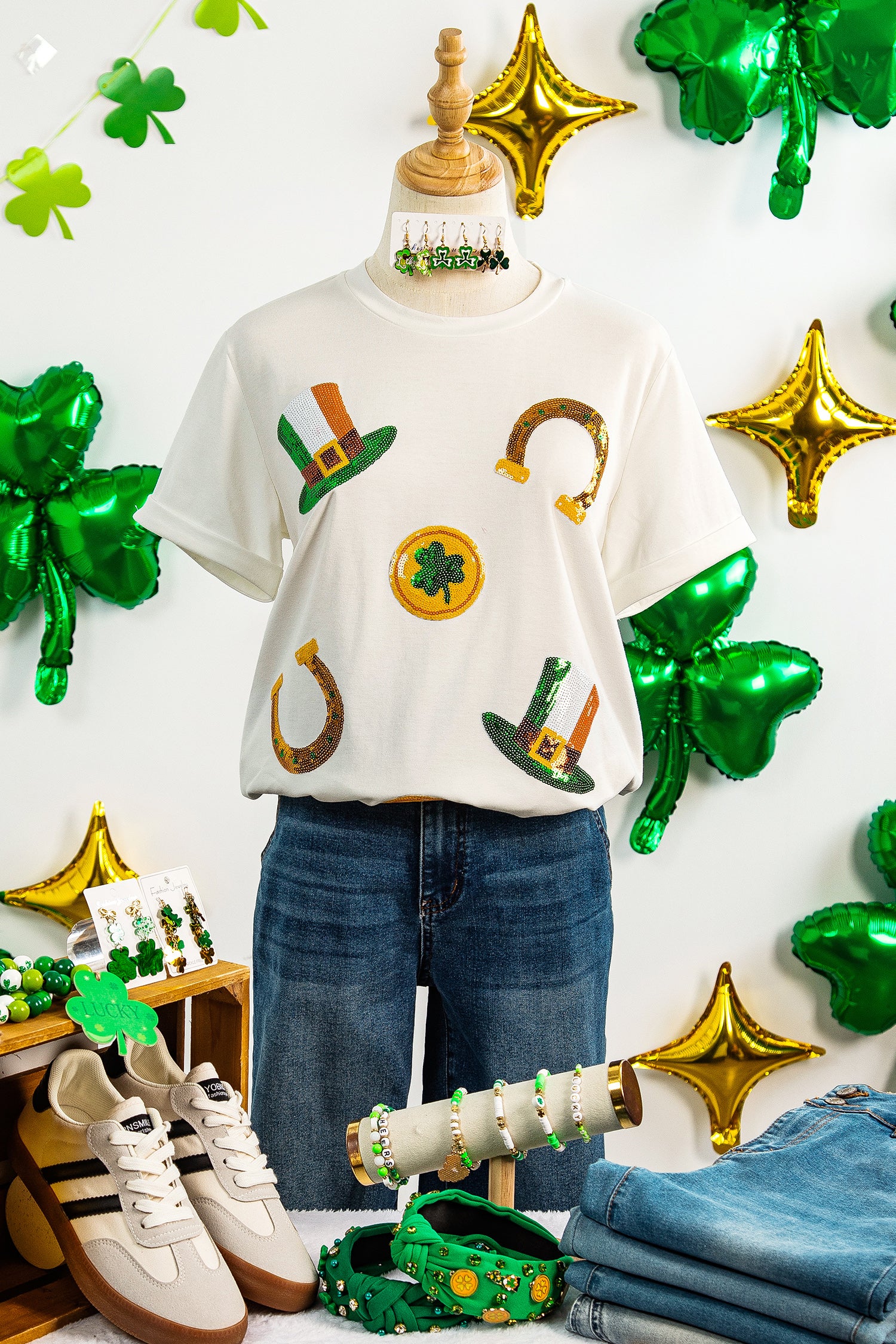 White St Patricks Day Sequin Graphic Casual T Shirt-Graphic/Graphic Tees-[Adult]-[Female]-2022 Online Blue Zone Planet