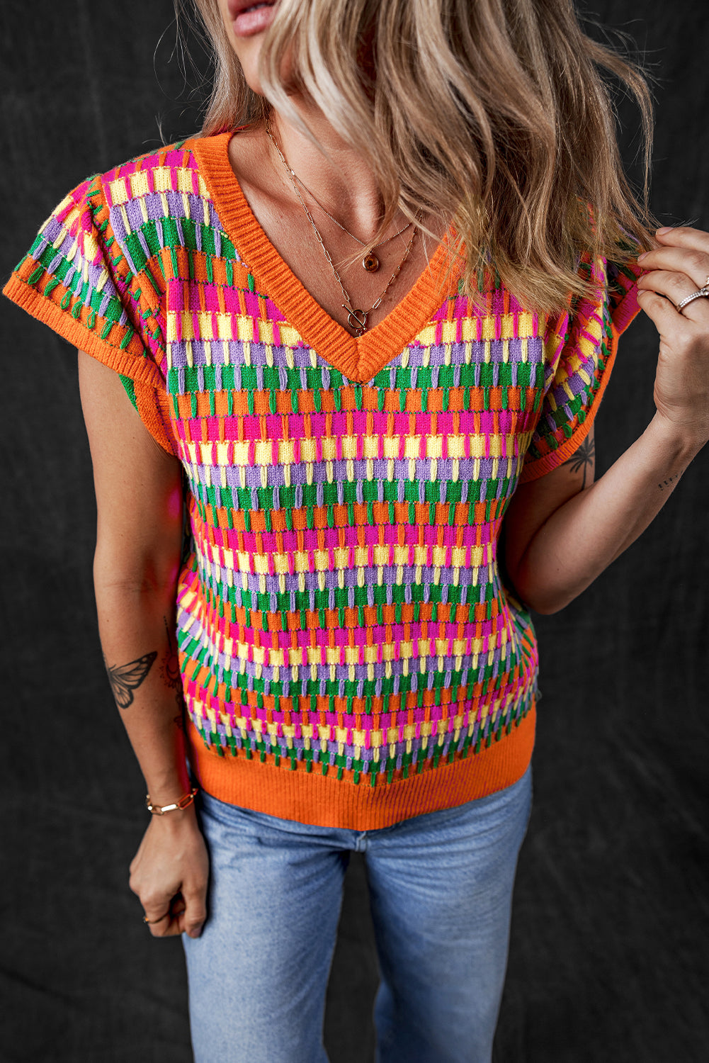 Orange Multi Flutter Sleeve Knitted Sweater Top-Sweaters & Cardigans/Short Sleeve Sweaters-[Adult]-[Female]-2022 Online Blue Zone Planet
