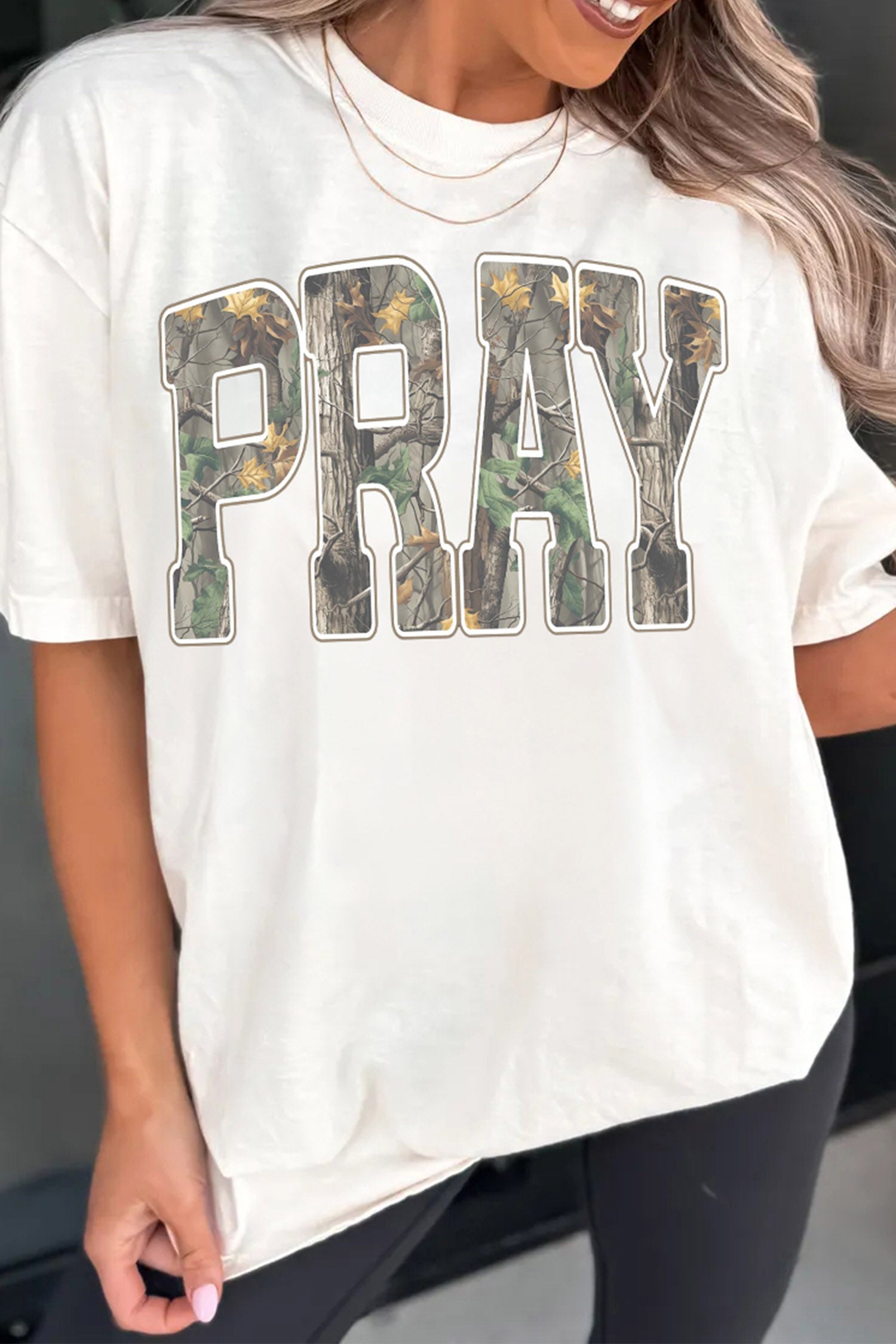 White PRAY Camo Letter Print Casual Round Neck T Shirt-Graphic/Graphic Tees-[Adult]-[Female]-White-S-2022 Online Blue Zone Planet