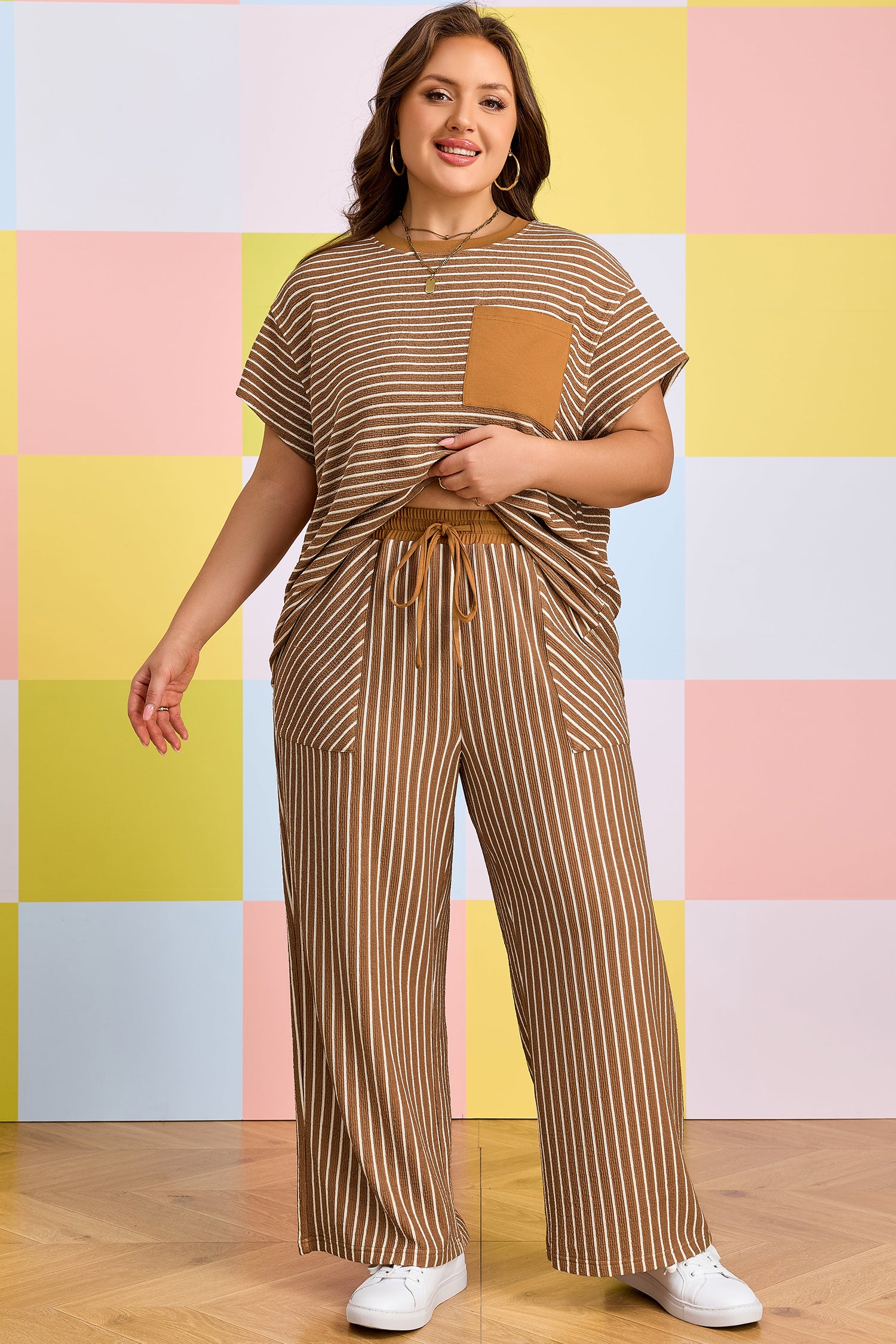 Khaki Stripe Plus Size Striped Colorblock Pocket Lounge Set-Plus Size/Plus Size Loungewear-[Adult]-[Female]-2022 Online Blue Zone Planet
