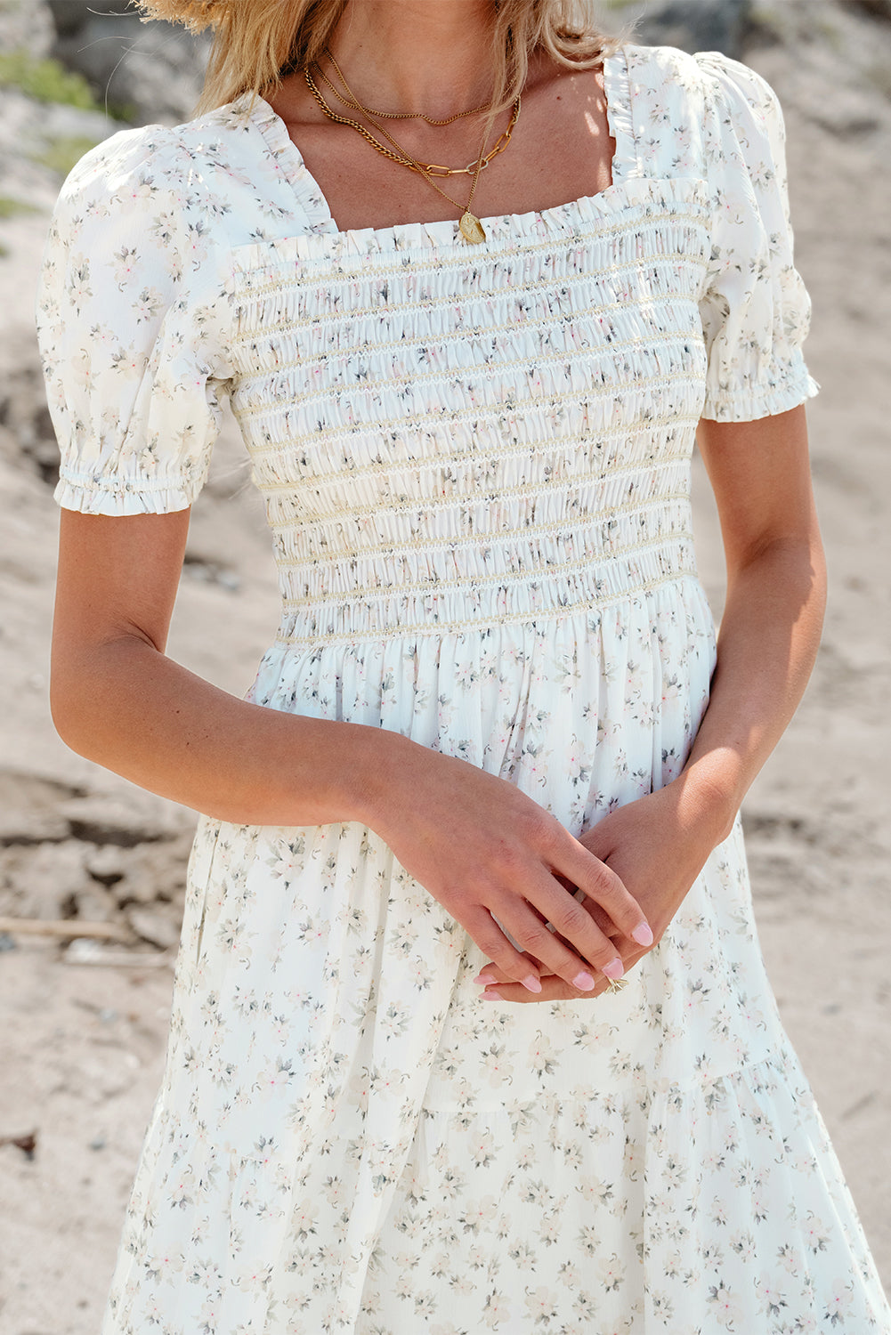 White Frilly Shirred Bodice Tiered Floral Maxi Dress Blue Zone Planet