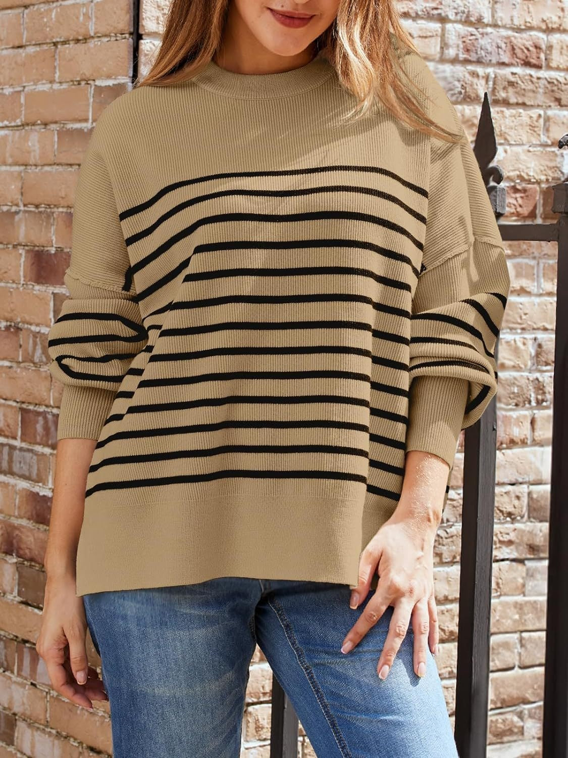 Blue Zone Planet | Striped Round Neck Long Sleeve Sweatshirt-TOPS / DRESSES-[Adult]-[Female]-Camel-S-2022 Online Blue Zone Planet