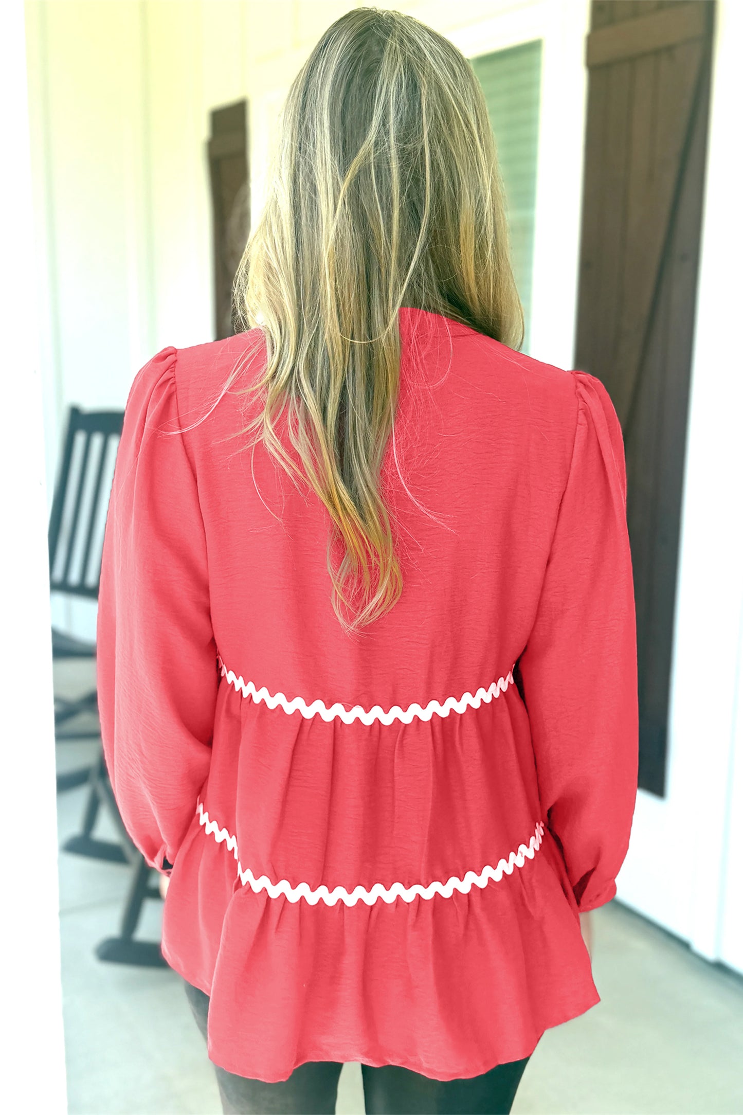 Coral Contrast Ricrac Trim V Neck Button Down Long Sleeve Shirt-Tops/Blouses & Shirts-[Adult]-[Female]-2022 Online Blue Zone Planet