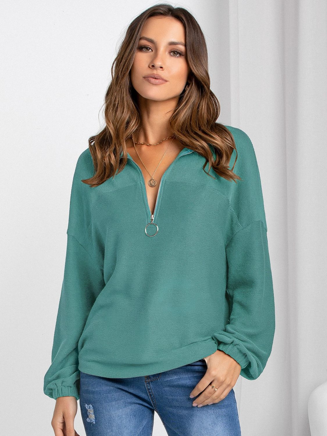 Blue Zone Planet | Half Zip Collared Neck Long Sleeve Sweatshirt-TOPS / DRESSES-[Adult]-[Female]-Teal-S-2022 Online Blue Zone Planet