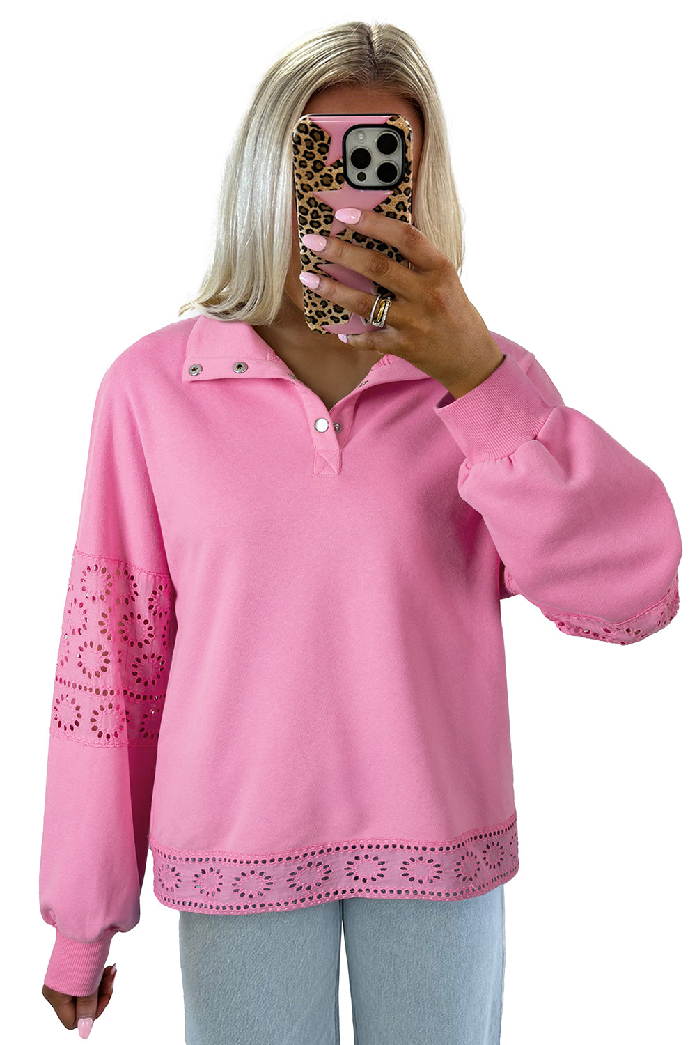 Bonbon Embroidered Flower Patchwork Snap Buttons Pullover Sweatshirt-Tops/Sweatshirts & Hoodies-[Adult]-[Female]-2022 Online Blue Zone Planet