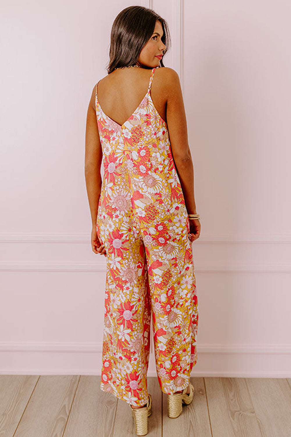 Orange Floral V Neck Wide Leg Sleeveless Jumpsuit