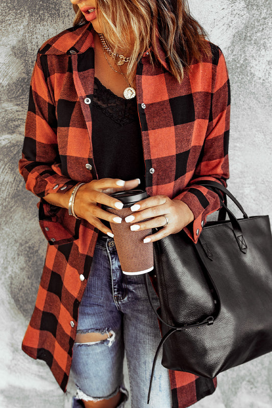 Fiery Red Turn-down Collar Plaid Shirt Coat-Outerwear/Coats-[Adult]-[Female]-Red-S-2022 Online Blue Zone Planet