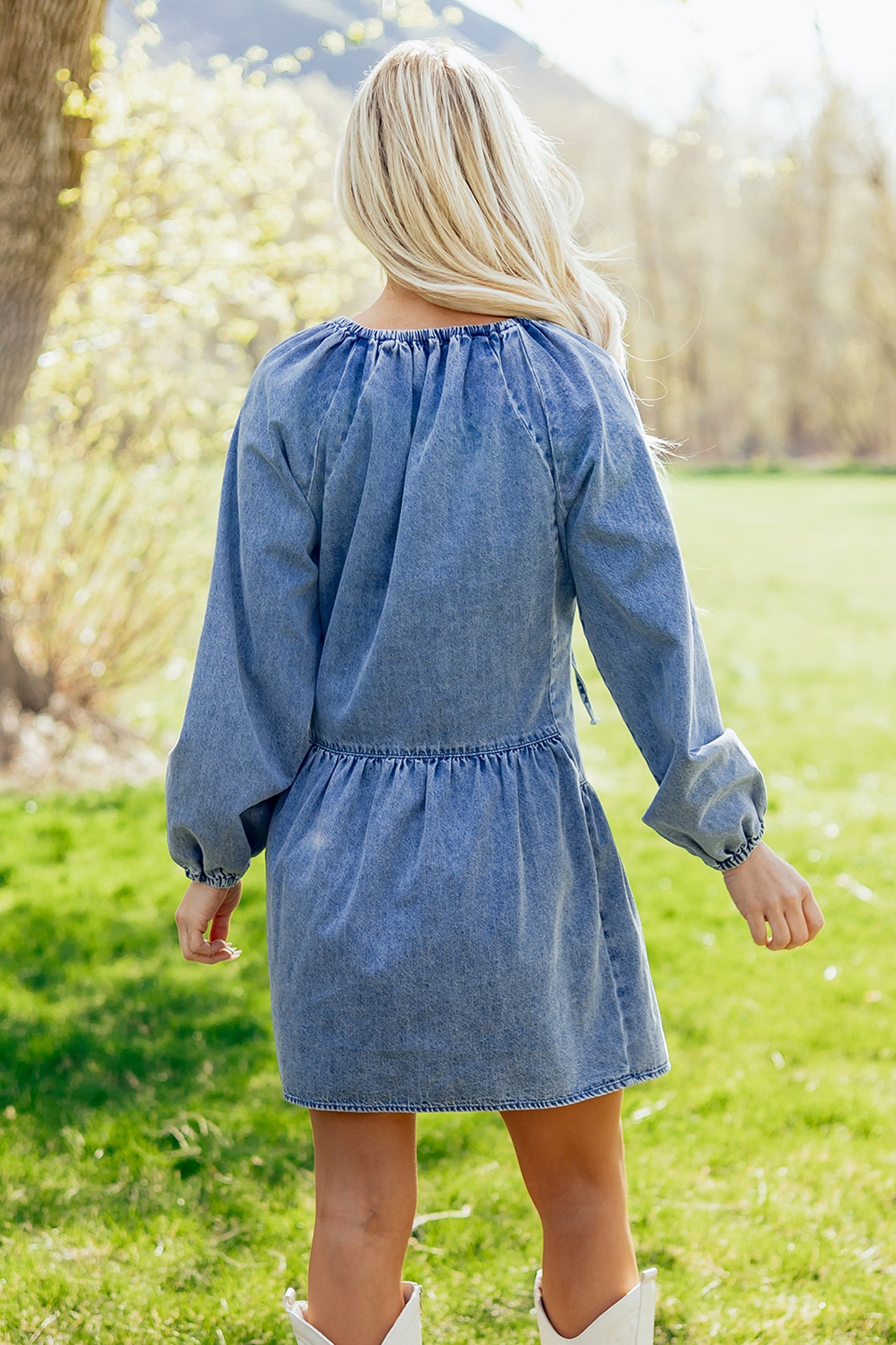 Myosotis Puff Sleeve V Neck Ruffled Loose Denim Mini Dress-TOPS / DRESSES-[Adult]-[Female]-2022 Online Blue Zone Planet