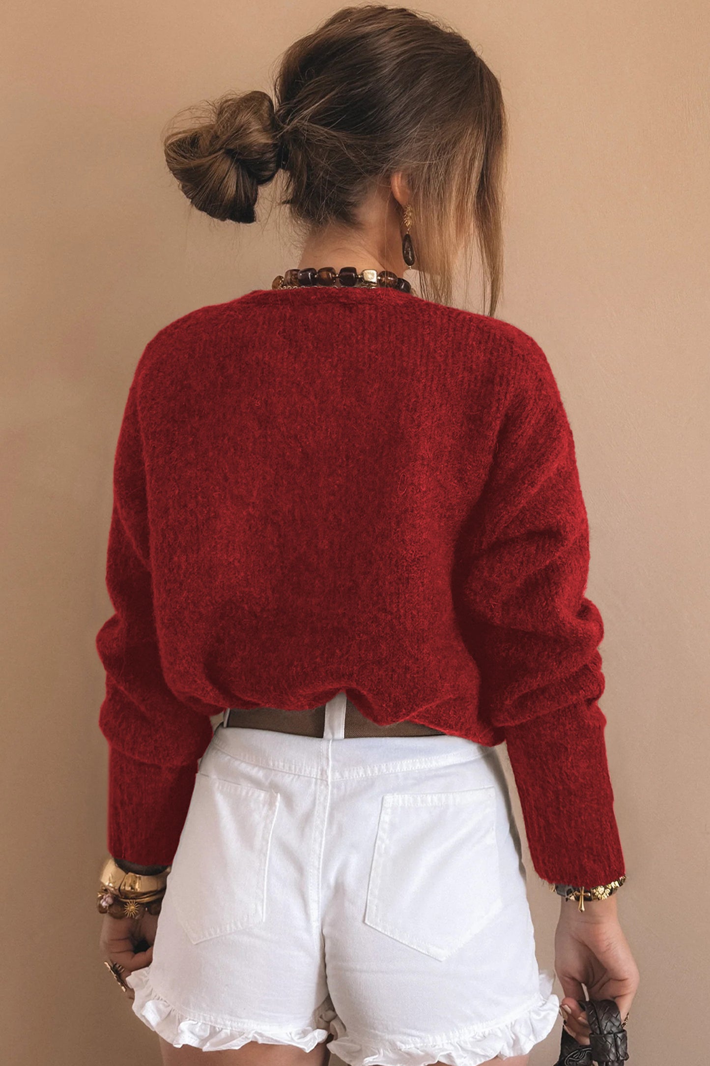 Fiery Red Heart Metal Button V Neck Cardigan Sweater-TOPS / DRESSES-[Adult]-[Female]-2022 Online Blue Zone Planet
