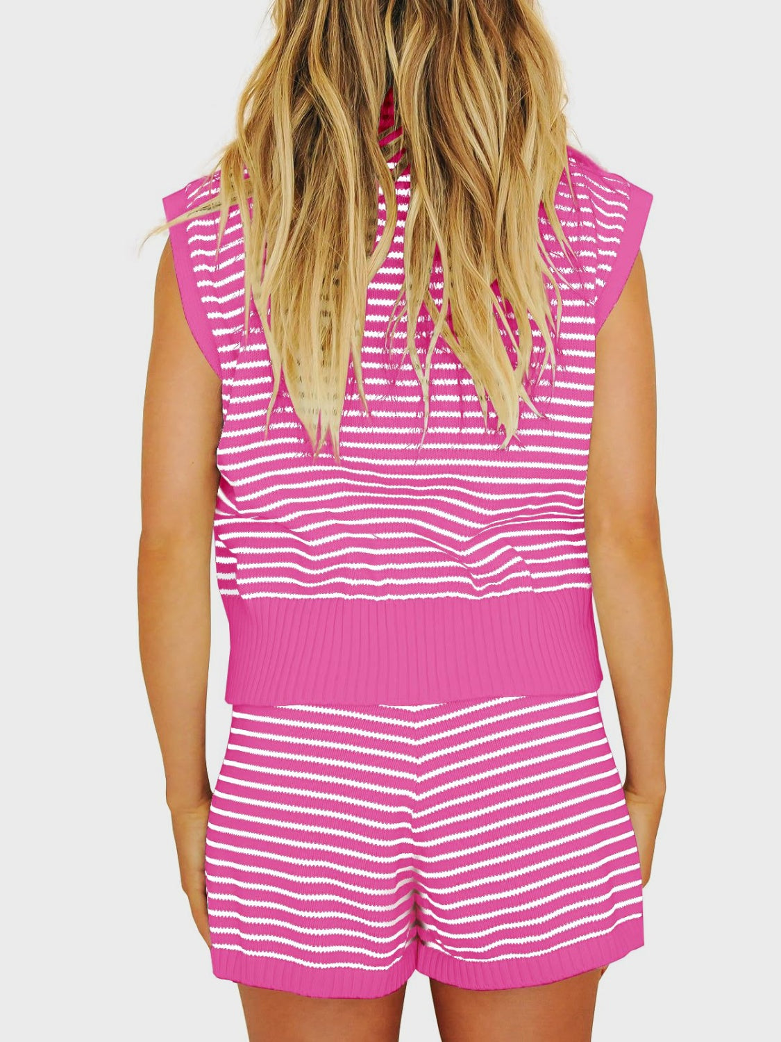 Striped Cap Sleeve Top and Shorts Sweater Set-TOPS / DRESSES-[Adult]-[Female]-Hot Pink-S-2022 Online Blue Zone Planet