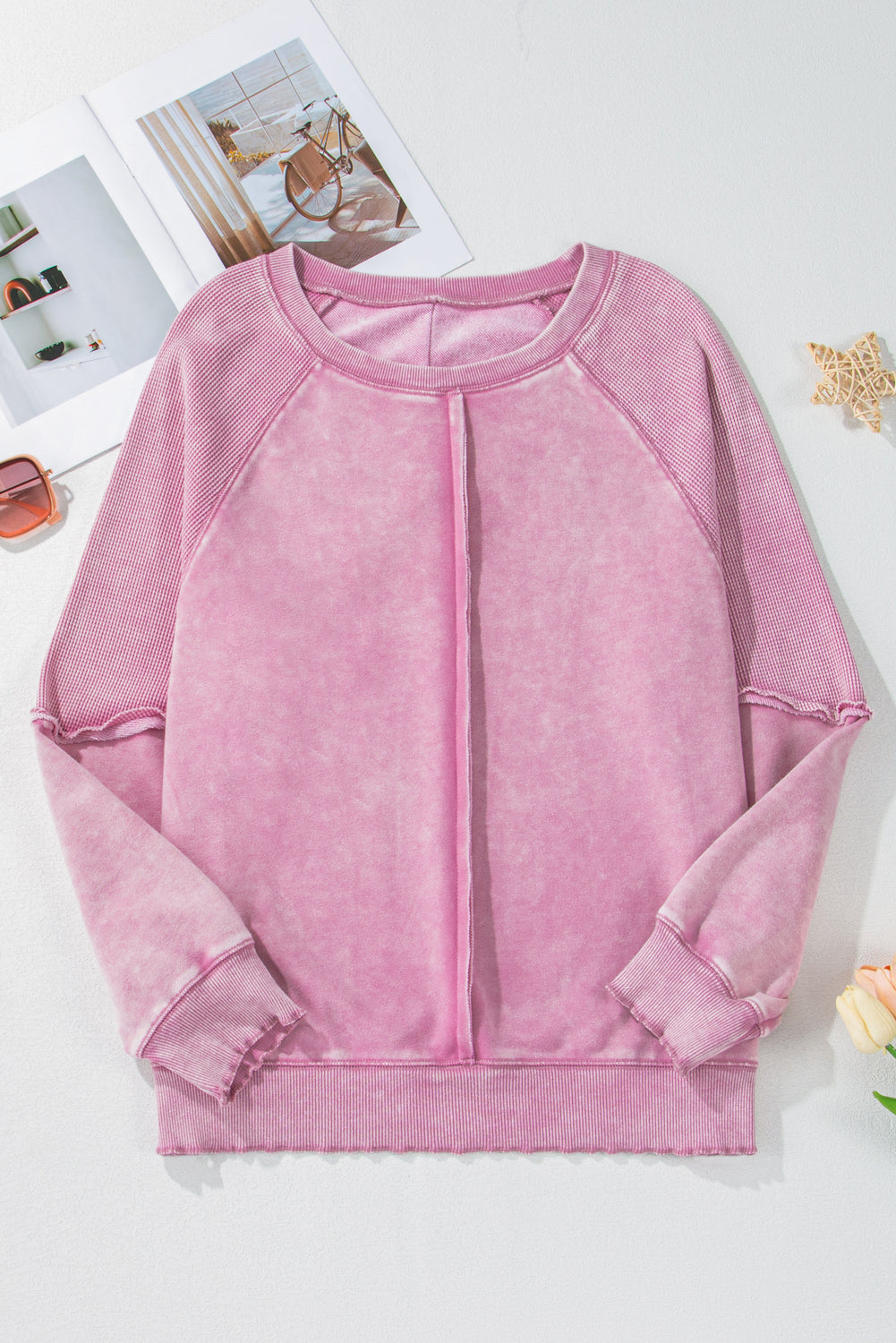 Orchid Petal Solid Waffle Knit Patchwork Raglan Sleeve Sweatshirt-Tops/Sweatshirts & Hoodies-[Adult]-[Female]-2022 Online Blue Zone Planet