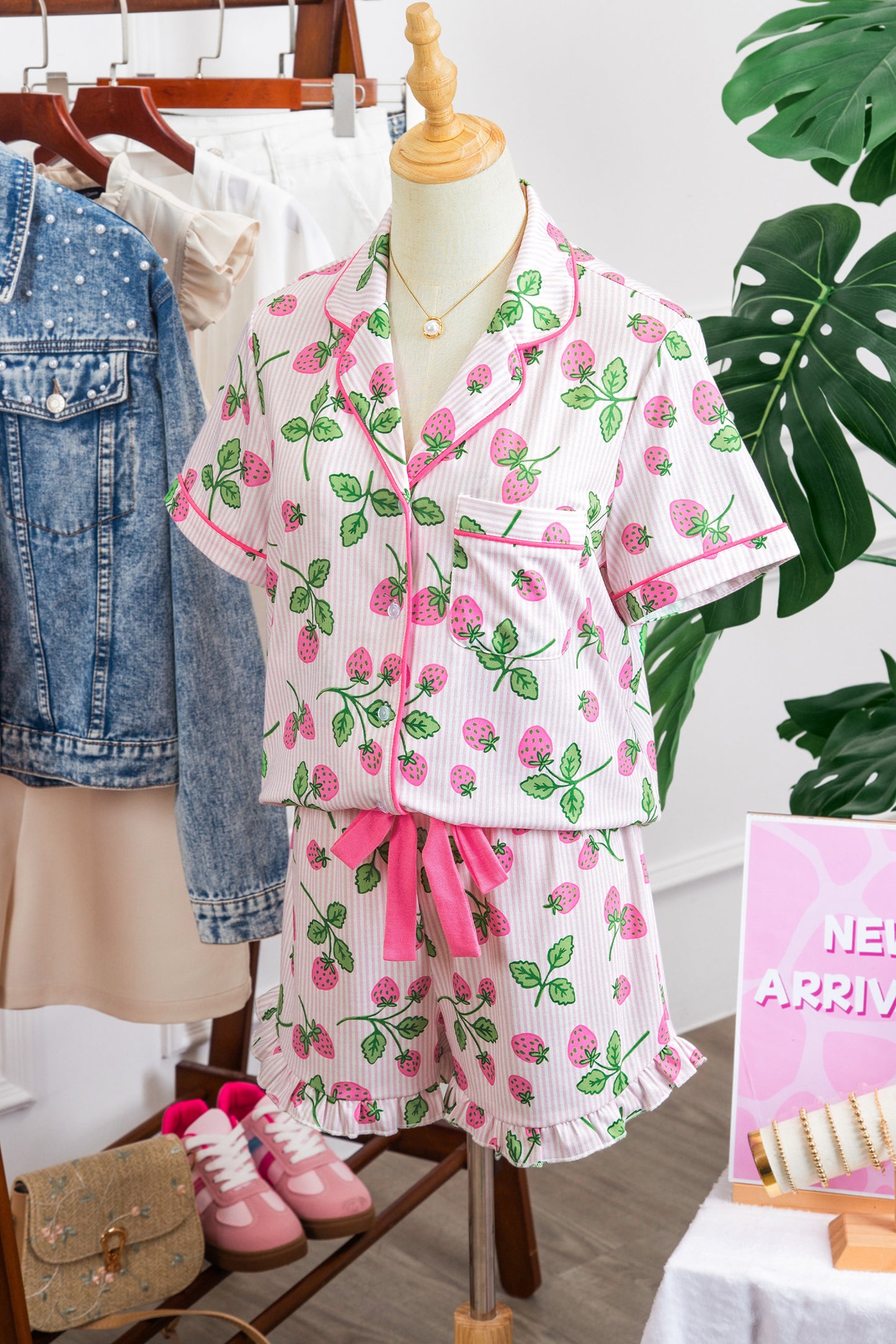 Pink Striped Strawberry Print Lapel Shirt Drawstring Shorts 2pcs Pajama Set-Loungewear & Sleepwear/Sleepwear-[Adult]-[Female]-2022 Online Blue Zone Planet