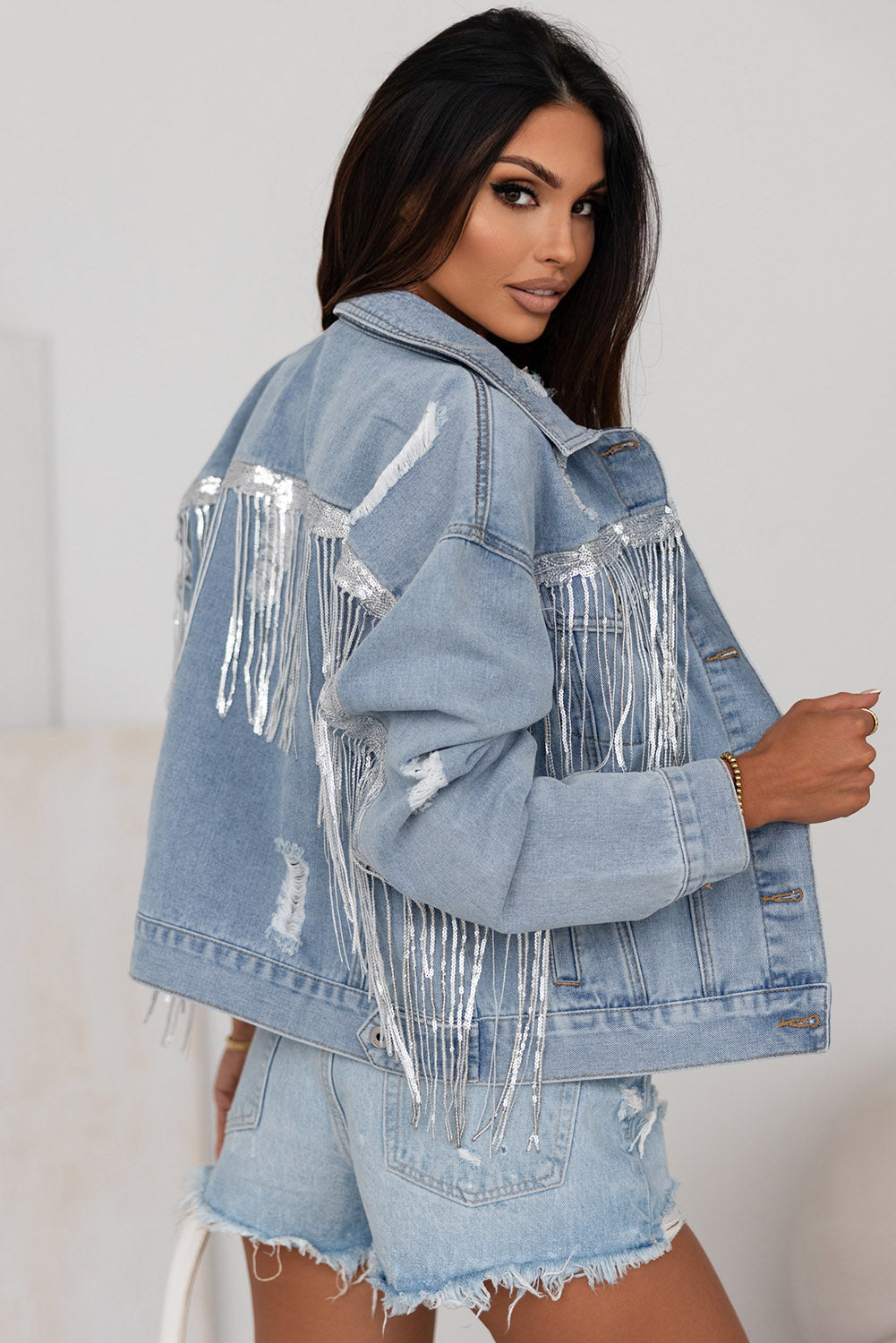 Sky Blue Sequin Embellished Fringe Distressed Denim Jacket-Sale (50% OFF)/30% OFF-[Adult]-[Female]-2022 Online Blue Zone Planet