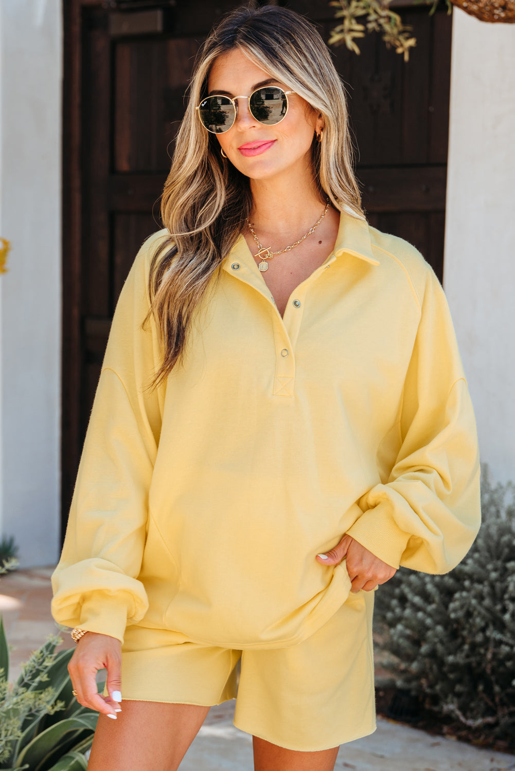 Yellow Cream Button Collar Drop Shoulder Pullover and Shorts 2pcs Outfit-Two Piece Sets/Short Sets-[Adult]-[Female]-2022 Online Blue Zone Planet