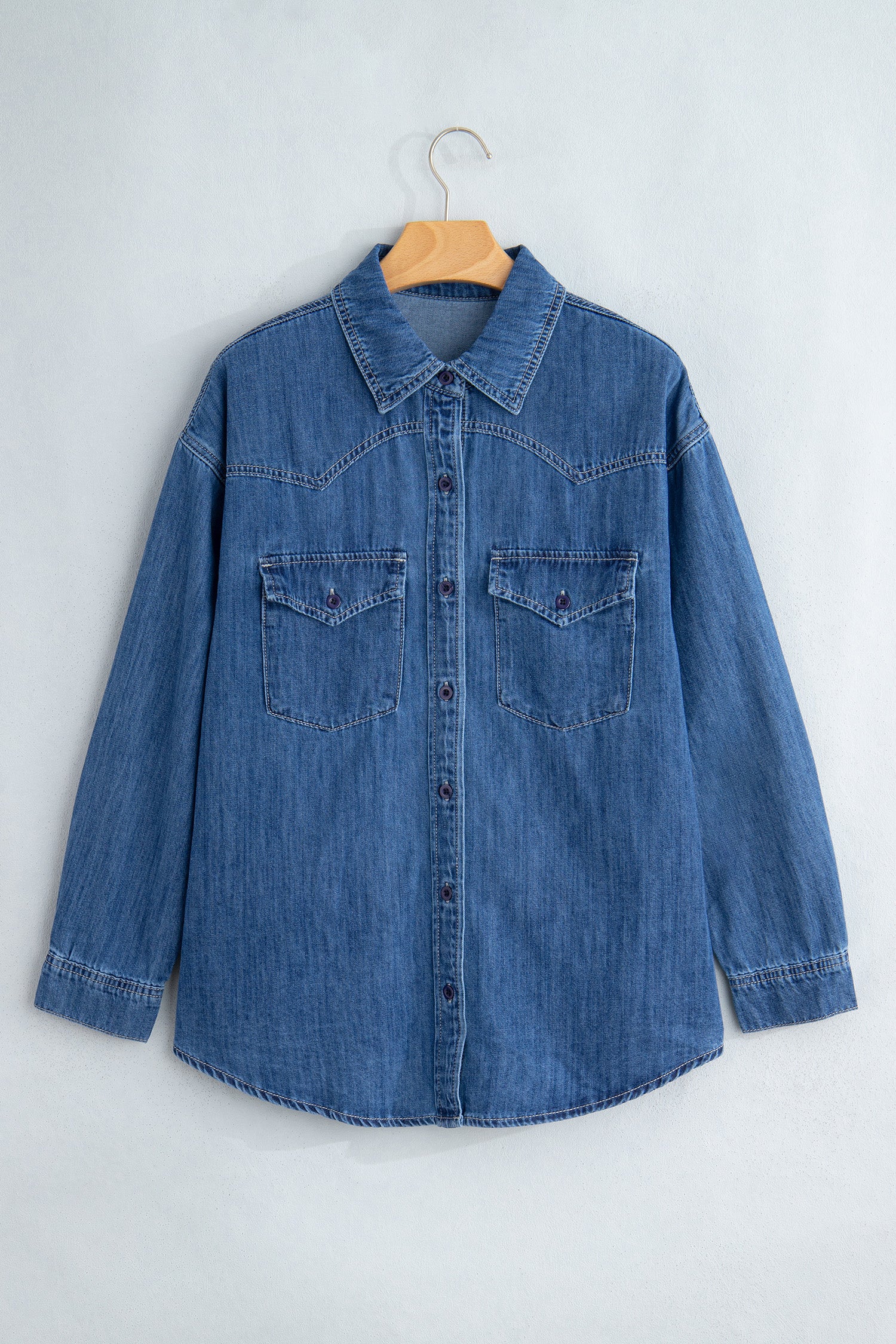 Sail Blue Western Patch Pockets Tunic Length Long Sleeve Denim Shirt-Tops/Blouses & Shirts-[Adult]-[Female]-2022 Online Blue Zone Planet