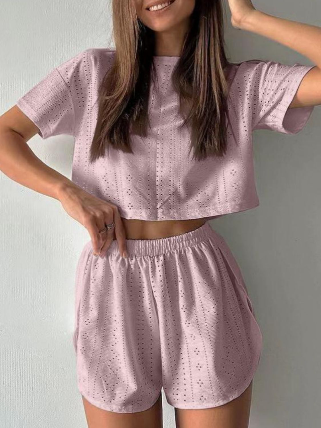 Eyelet Round Neck Top and Shorts Set-TOPS / DRESSES-[Adult]-[Female]-Dusty Pink-S-2022 Online Blue Zone Planet