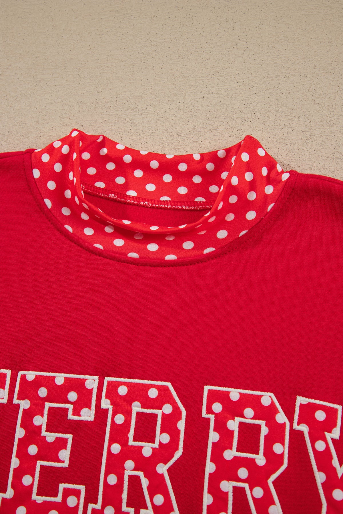 Fiery Red Polka Dot Letter Print Contrast Trim Mock Neck Sweatshirt-Tops/Sweatshirts & Hoodies-[Adult]-[Female]-2022 Online Blue Zone Planet