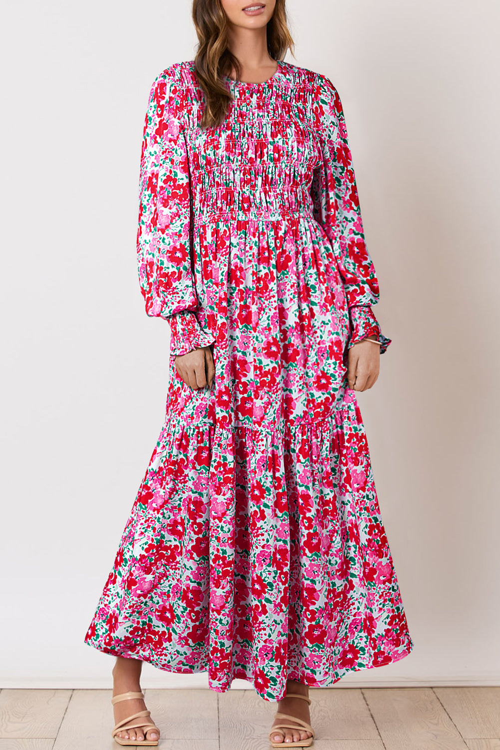 Sky Blue Floral Print Smocked Lantern Sleeve Tiered Maxi Dress-Dresses/Floral Dresses-[Adult]-[Female]-2022 Online Blue Zone Planet