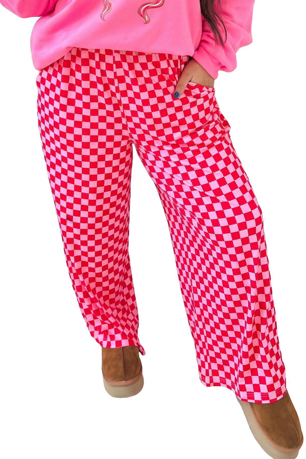 Pink Plus Size Checkered Pattern Loose Casual Pants-TOPS / DRESSES-[Adult]-[Female]-2022 Online Blue Zone Planet