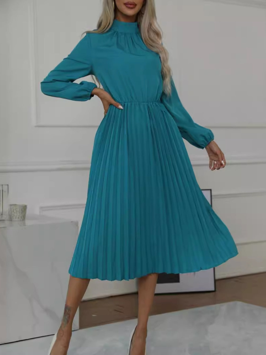 Mock Neck Long Sleeve Pleated Dress-TOPS / DRESSES-[Adult]-[Female]-French Blue-S-2022 Online Blue Zone Planet