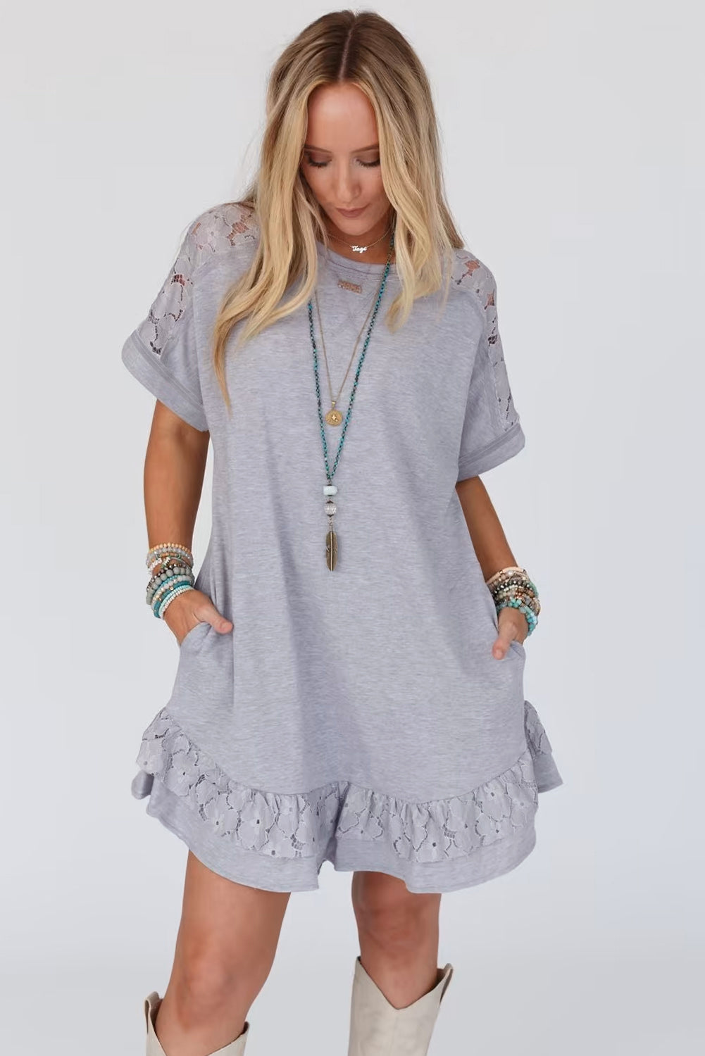 Light Grey Lace Floral Patchwork Ruffled T-shirt Dress Blue Zone Planet