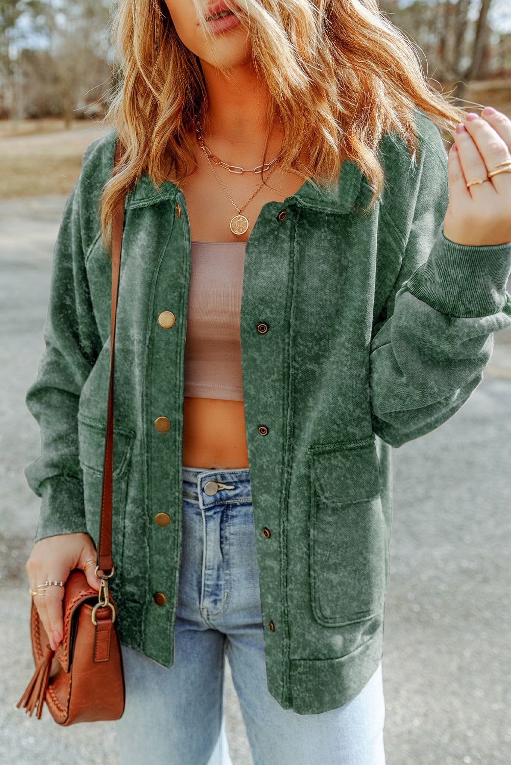 Gray Vintage Washed Flap Pocket Button Shacket-Outerwear/Jackets-[Adult]-[Female]-Green-S-2022 Online Blue Zone Planet
