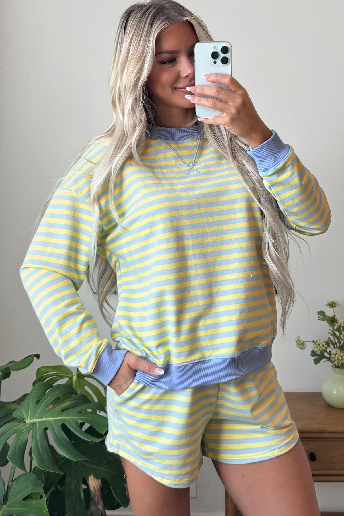 Yellow Stripe Color Block Detail Long Sleeve Pullover Elastic Waist Pull On Shorts 2pcs Set-Two Piece Sets/Short Sets-[Adult]-[Female]-2022 Online Blue Zone Planet