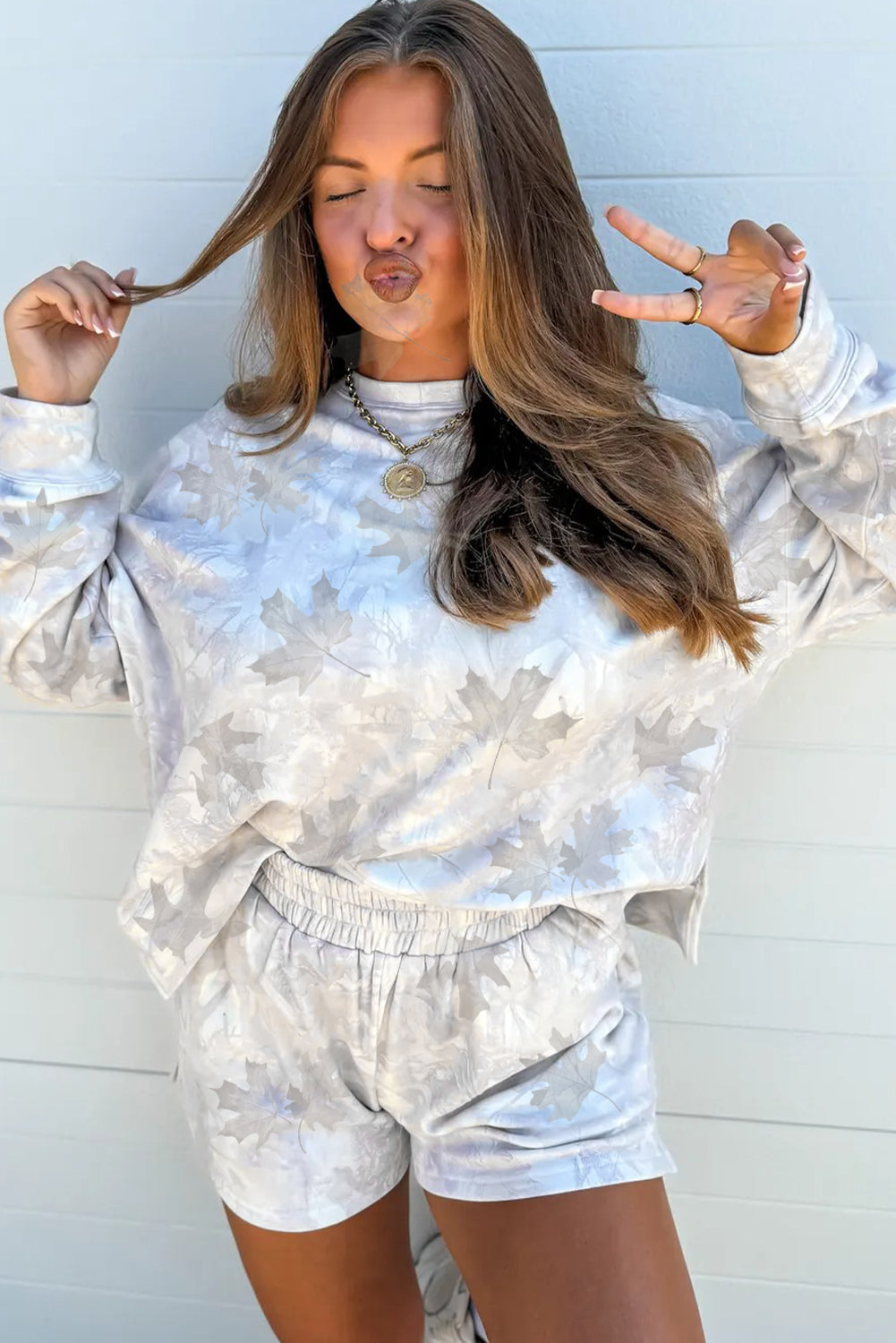 Beige Camo Print Pullover Top And Elastic Waist Casual Short Set-Two Piece Sets/Short Sets-[Adult]-[Female]-2022 Online Blue Zone Planet