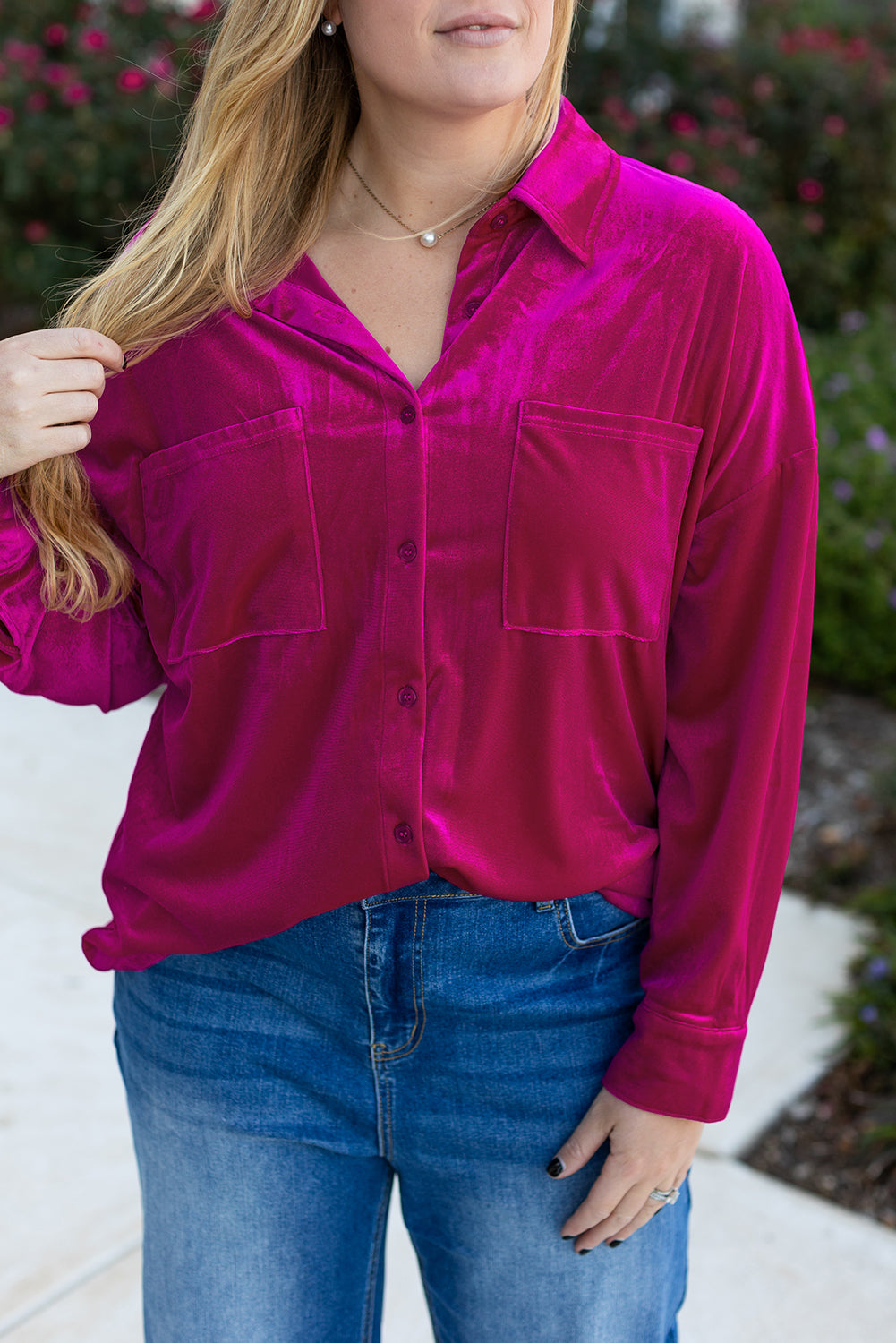 Blue Zone Planet | Chestnut Plus Size Velvet Chest Pocket Drop Shoulder Shirt-Plus Size/Plus Size Tops/Plus Size Blouses & Shirts-[Adult]-[Female]-2022 Online Blue Zone Planet