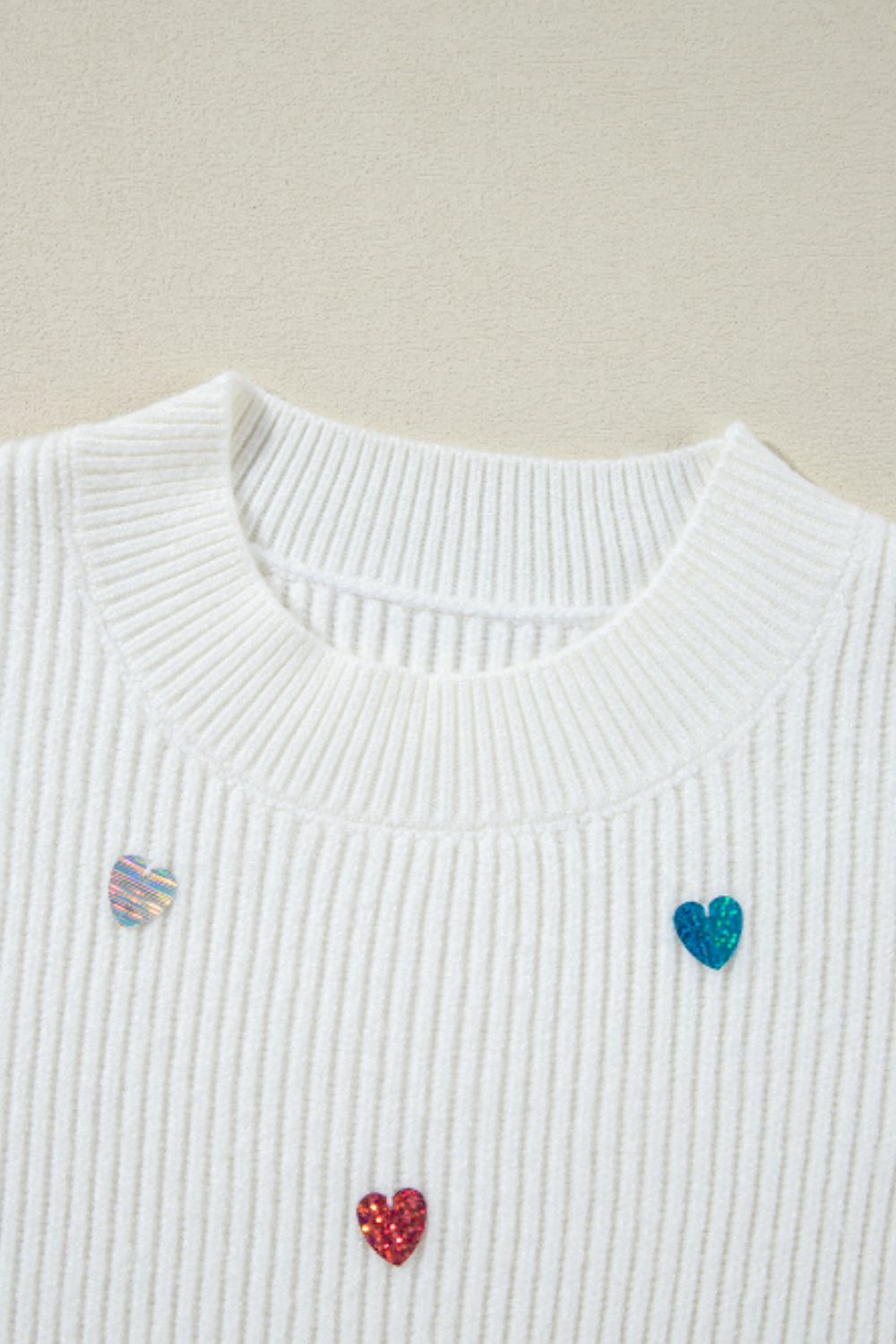 Heart Sequin Round Neck Long Sleeve Sweater-TOPS / DRESSES-[Adult]-[Female]-2022 Online Blue Zone Planet