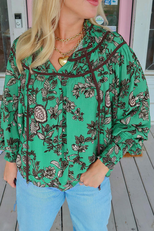 Green Leaves Print Contrast Trim V Neck Shirred Puff Sleeve Blouse-Tops/Blouses & Shirts-[Adult]-[Female]-Green-S-2022 Online Blue Zone Planet