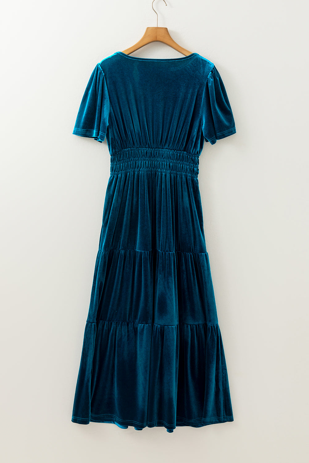 Blue Zone Planet | Prussian Blue Velvet Short Sleeve Shirred Waist Tiered Maxi Dress-TOPS / DRESSES-[Adult]-[Female]-2022 Online Blue Zone Planet